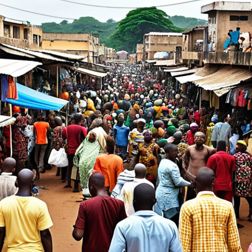Home 11 **A bustling scene at Madina Market in Conakry, Guinea. Vivid colors, crowded aisles filled with vendors selling clothing, electronics, and household goods. Focus on the energy and chaos of the market, capturing the essence of haggling and finding hidden treasures.**