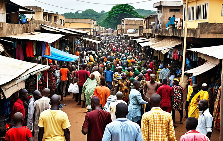 **A bustling scene at Madina Market in Conakry, Guinea. Vivid colors, crowded aisles filled with vendors selling clothing, electronics, and household goods. Focus on the energy and chaos of the market, capturing the essence of haggling and finding hidden treasures.**