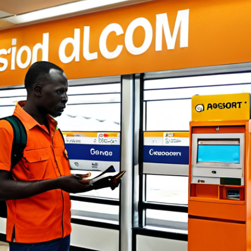 Home 6 **Image:** A traveler standing at an airport kiosk in Guinea, holding a passport and looking slightly overwhelmed. A local vendor is gesturing towards a selection of SIM cards from Orange, Cellcom, and MTN. The background shows a busy airport scene with people and luggage.