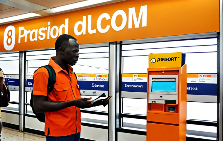 **Image:** A traveler standing at an airport kiosk in Guinea, holding a passport and looking slightly overwhelmed. A local vendor is gesturing towards a selection of SIM cards from Orange, Cellcom, and MTN. The background shows a busy airport scene with people and luggage.