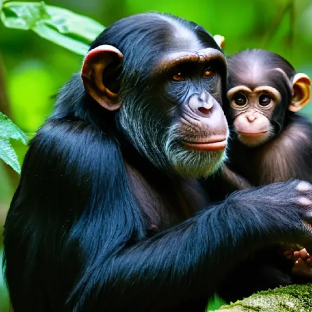 기니에서 볼 수 있는 야생동물 - **A Mother Western Chimpanzee Teaching Her Young**
    An intricately detailed, high-resolution imag...