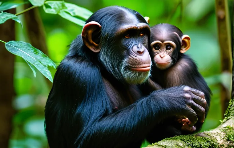 기니에서 볼 수 있는 야생동물 - **A Mother Western Chimpanzee Teaching Her Young**
    An intricately detailed, high-resolution imag...
