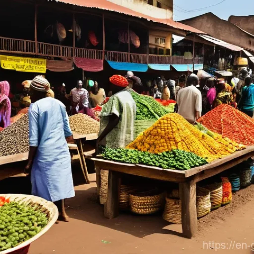 기니에서 중고 물품 구매 및 거래 방법 - **Vibrant Conakry Market Scene:** A bustling and energetic outdoor market in Conakry, Guinea, remini...