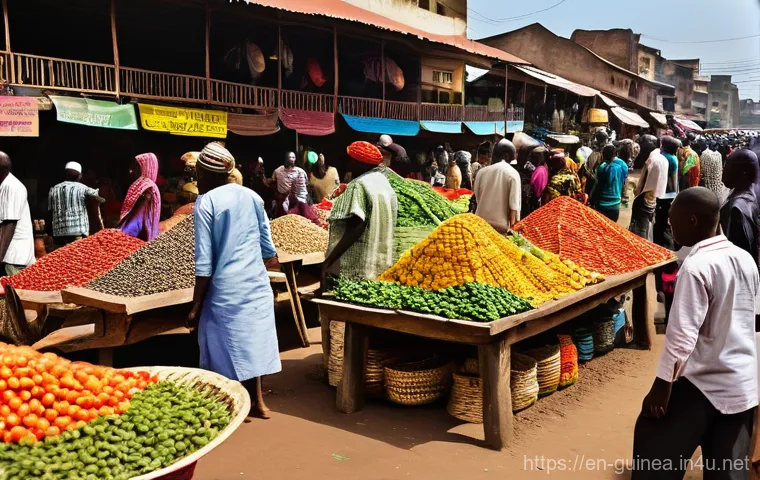 기니에서 중고 물품 구매 및 거래 방법 - **Vibrant Conakry Market Scene:** A bustling and energetic outdoor market in Conakry, Guinea, remini...