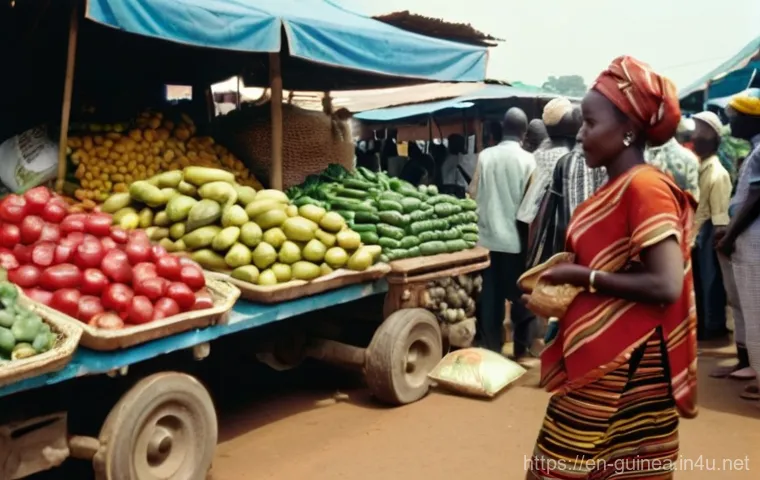 기니에서 사용되는 화폐 및 환율 - **Prompt 1: Bustling Guinean Market Transaction**
A vibrant, sunlit scene at a bustling local ma...