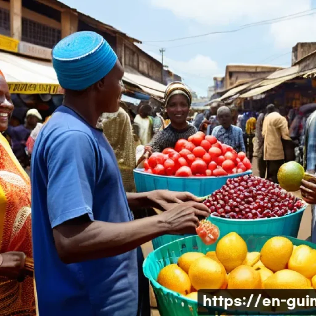 기니에서 프랑스어 사용 비율 - **Vibrant Conakry Market: A Linguistic Crossroads**
A dynamic, wide-angle shot of a bustling ope...