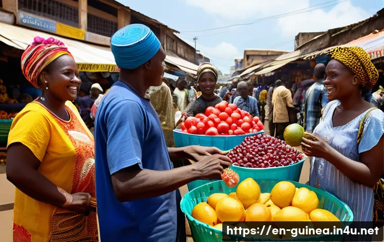기니에서 프랑스어 사용 비율 - **Vibrant Conakry Market: A Linguistic Crossroads**
A dynamic, wide-angle shot of a bustling ope...
