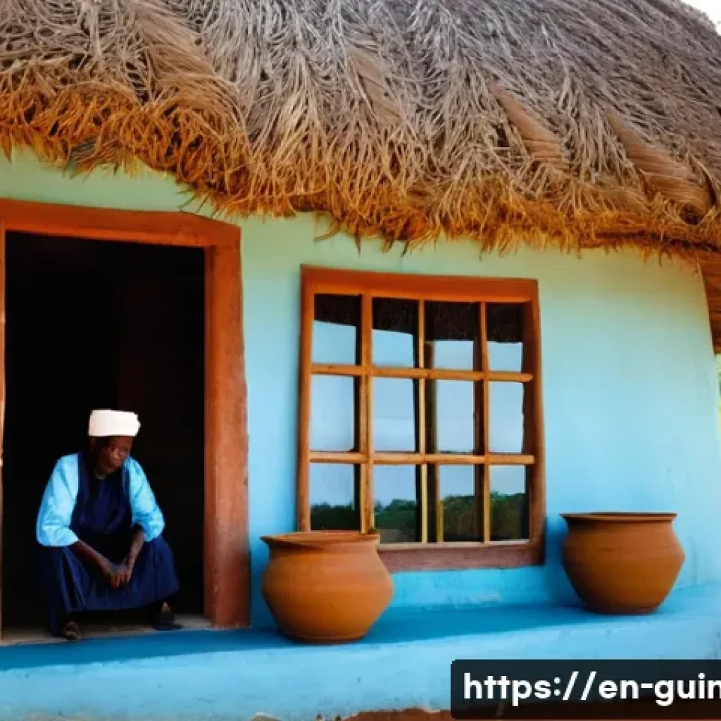 기니의 전통적인 건축 양식 - **Prompt:** A serene, sun-drenched scene showcasing a traditional Guinean dwelling. The home feature...