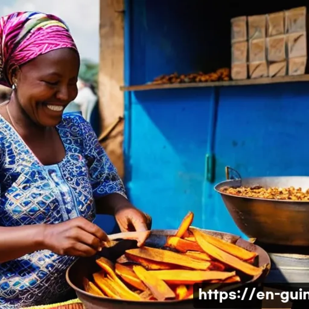 기니에서 전통적으로 소비되는 스낵 - **Vibrant Guinean Street Food Market Scene:**
A bustling and colorful open-air market in Guinea ...