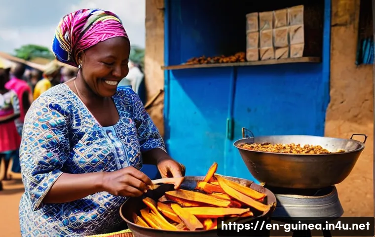 기니에서 전통적으로 소비되는 스낵 - **Vibrant Guinean Street Food Market Scene:**
    A bustling and colorful open-air market in Guinea ...
