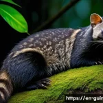 Home 21 기니에서 마주할 수 있는 특이한 동물들 - A nocturnal African palm civet resting silently on a moss-covered rainforest floor in Guinea, its mo...