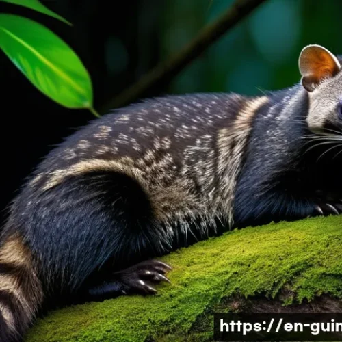 Home 33 기니에서 마주할 수 있는 특이한 동물들 - A nocturnal African palm civet resting silently on a moss-covered rainforest floor in Guinea, its mo...