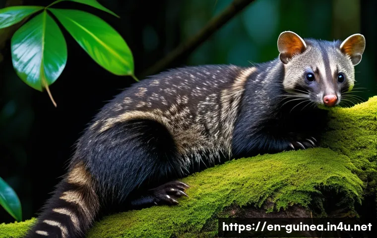기니에서 마주할 수 있는 특이한 동물들 - A nocturnal African palm civet resting silently on a moss-covered rainforest floor in Guinea, its mo...