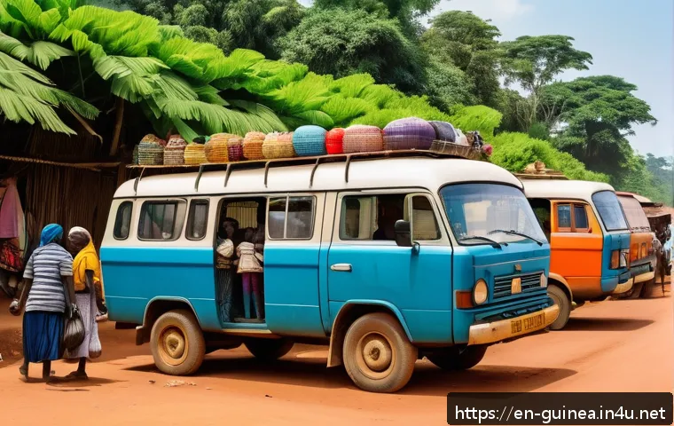 기니 교통수단 및 이동법 - A lively bush taxi scene in rural Guinea showing a crowded shared minibus packed with diverse passen...