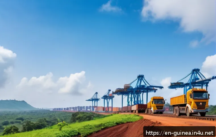 기니에서 해외 투자 기회 분석 - A vibrant scene of Guinea’s expanding transportation network featuring modern paved highways winding...