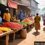Home 18 기니에서 가장 오래된 전통시장 - A vibrant early morning market scene in Guinea, bustling with activity as vendors energetically arra...