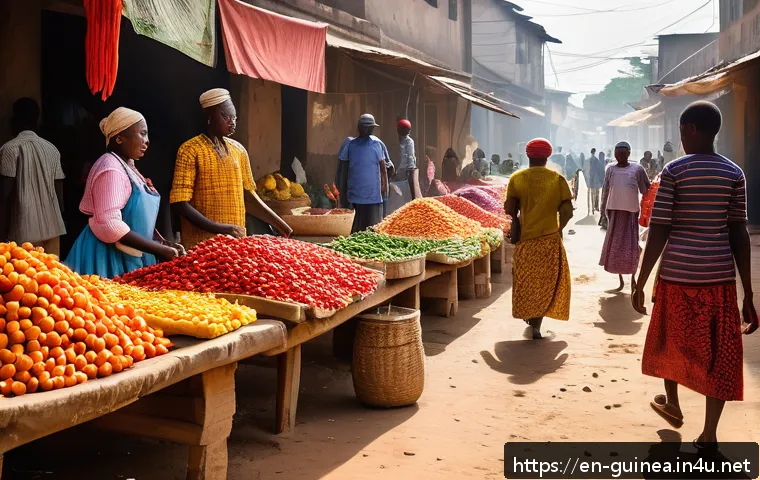 기니에서 가장 오래된 전통시장 - A vibrant early morning market scene in Guinea, bustling with activity as vendors energetically arra...