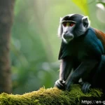 Home 23 기니 국립공원 탐방 - A serene scene in Guinea’s dense rainforest at dawn, featuring a family of Diana monkeys perched on ...