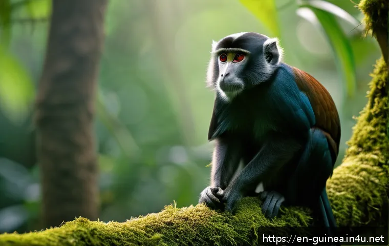 기니 국립공원 탐방 - A serene scene in Guinea’s dense rainforest at dawn, featuring a family of Diana monkeys perched on ...