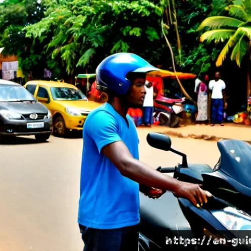 기니에서 오토바이 택시 이용법 - Photorealistic street scene in Conakry, Guinea, a traveler in modest casual clothing standing beside...