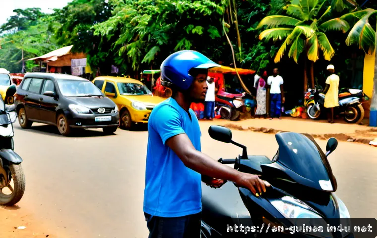 기니에서 오토바이 택시 이용법 - Photorealistic street scene in Conakry, Guinea, a traveler in modest casual clothing standing beside...