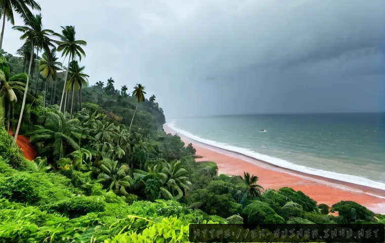 Home 17 기니의 지역별 기후 차이 - Photorealistic wide landscape of Guinea’s humid Atlantic coast near Conakry during the rainy season,...