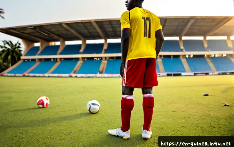 기니에서 유명한 축구 클럽 및 선수 - Photorealistic editorial sports scene in Conakry, Guinea: a confident West African male footballer i...