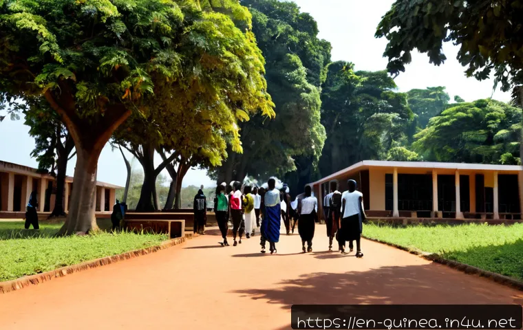 Home 17 기니의 교육 기관 및 대학 순위 - Photorealistic wide-angle view of a leading university campus in Conakry, Guinea, modern academic bu...