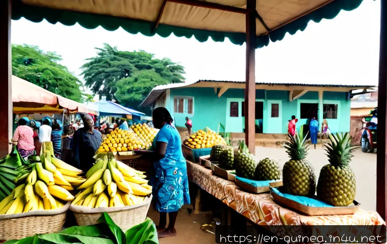 기니 로컬 시장 및 재래시장 탐방 - Photorealistic documentary-style view of a traditional open-air market in Conakry, Guinea, welcoming...