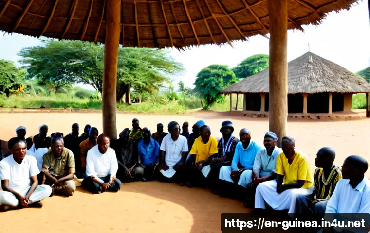 기니 부족 간 정치적 갈등 - Photorealistic community reconciliation meeting in rural Guinea, respected elders and diverse adult ...